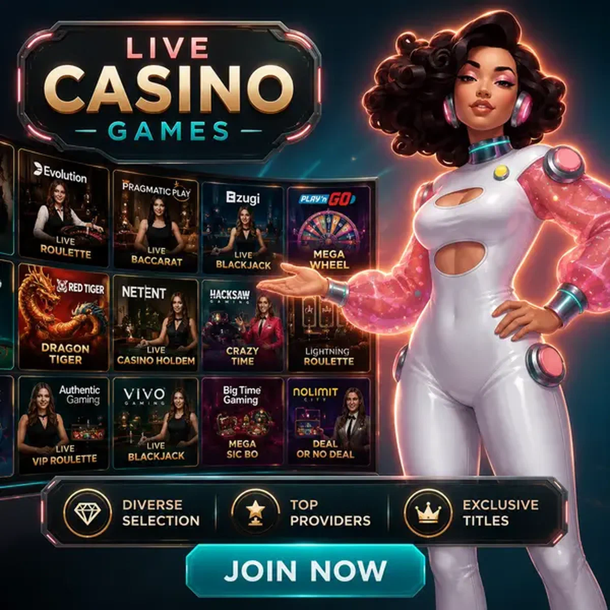 Trophy Commander presentando diversos proveedores de casino en vivo en un muro de selección de juegos iluminado
