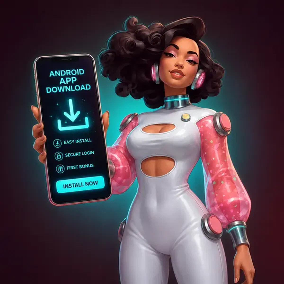 Campeón presentando la descarga de la aplicación Spinwinera en pantalla de smartphone brillante