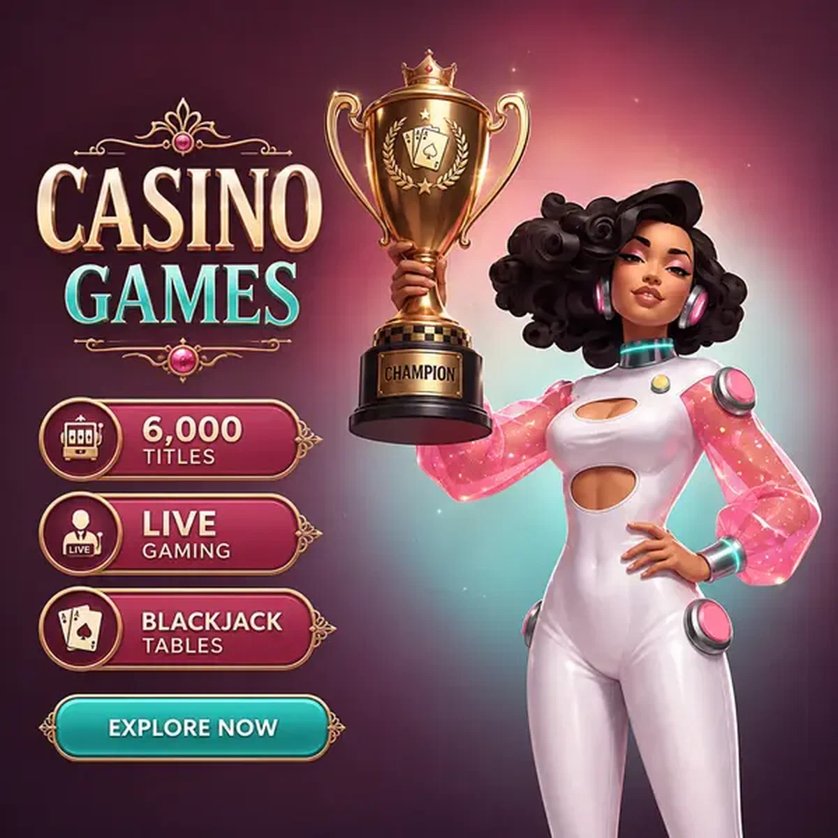 Campeón presentando trofeo en los juegos de Spinwinera Casino con 6.000 títulos listos para explorar