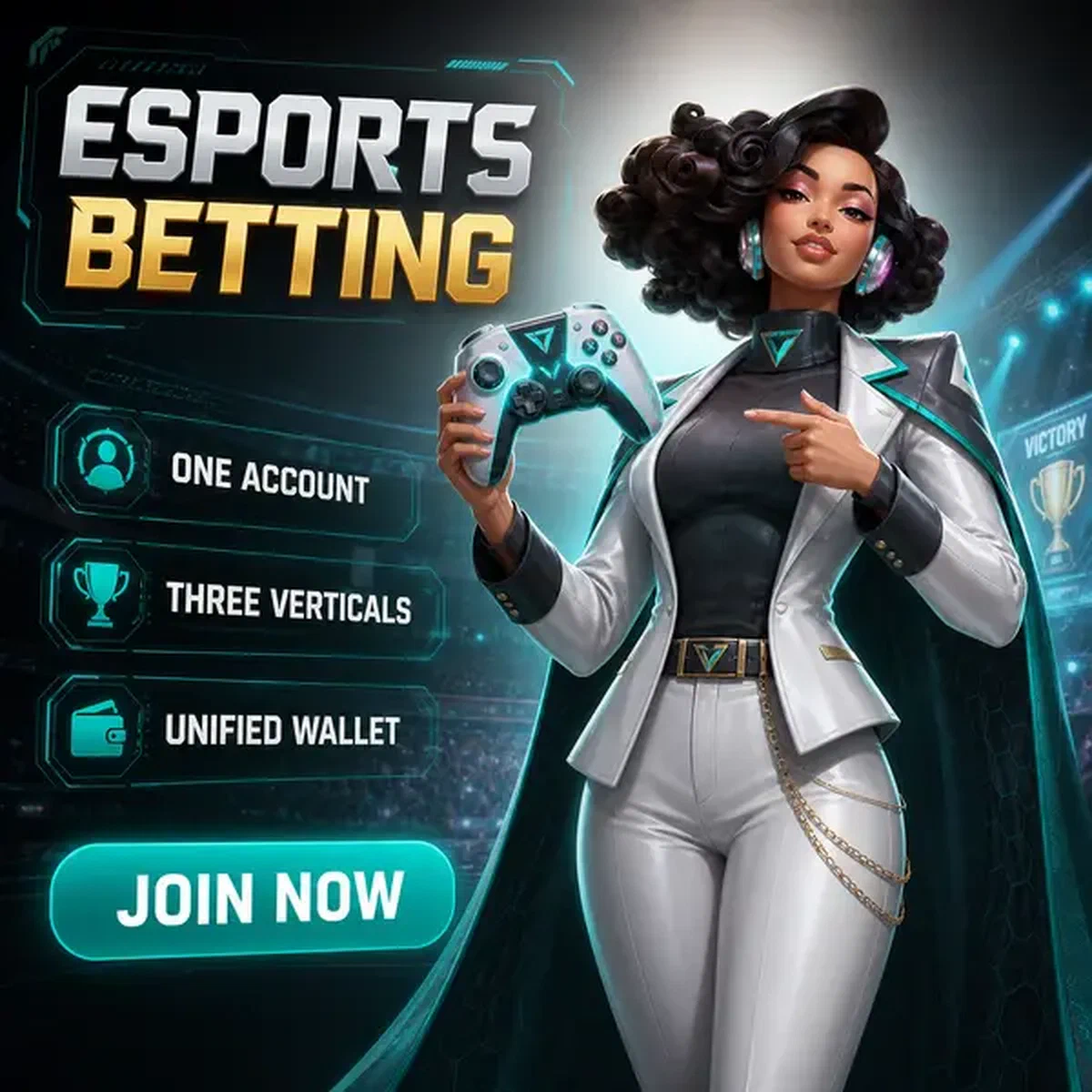 Campeón de esports presentando controlador de juego en Spinwinera con pantallas de apuestas cibernéticas