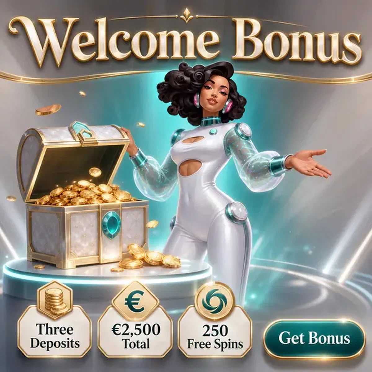 Comandante Trofeo presentando cofre del tesoro del bono de bienvenida en Spinwinera Casino