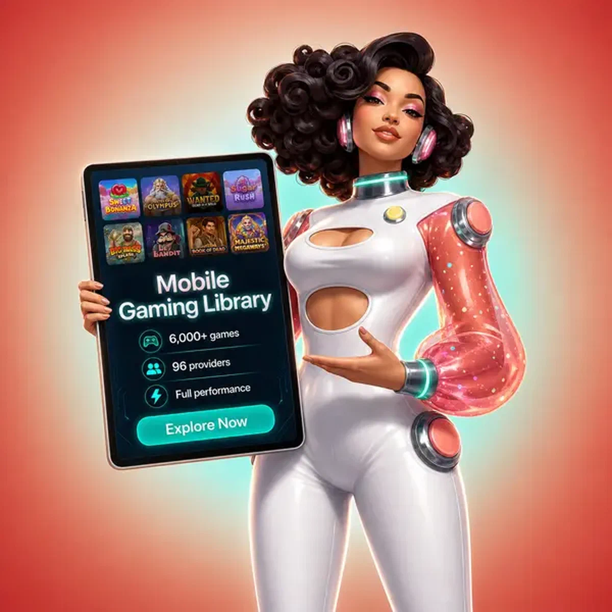 Comandante del Trofeo mostrando la aplicación móvil de [Brand] con más de 6.000 juegos en pantalla de tablet