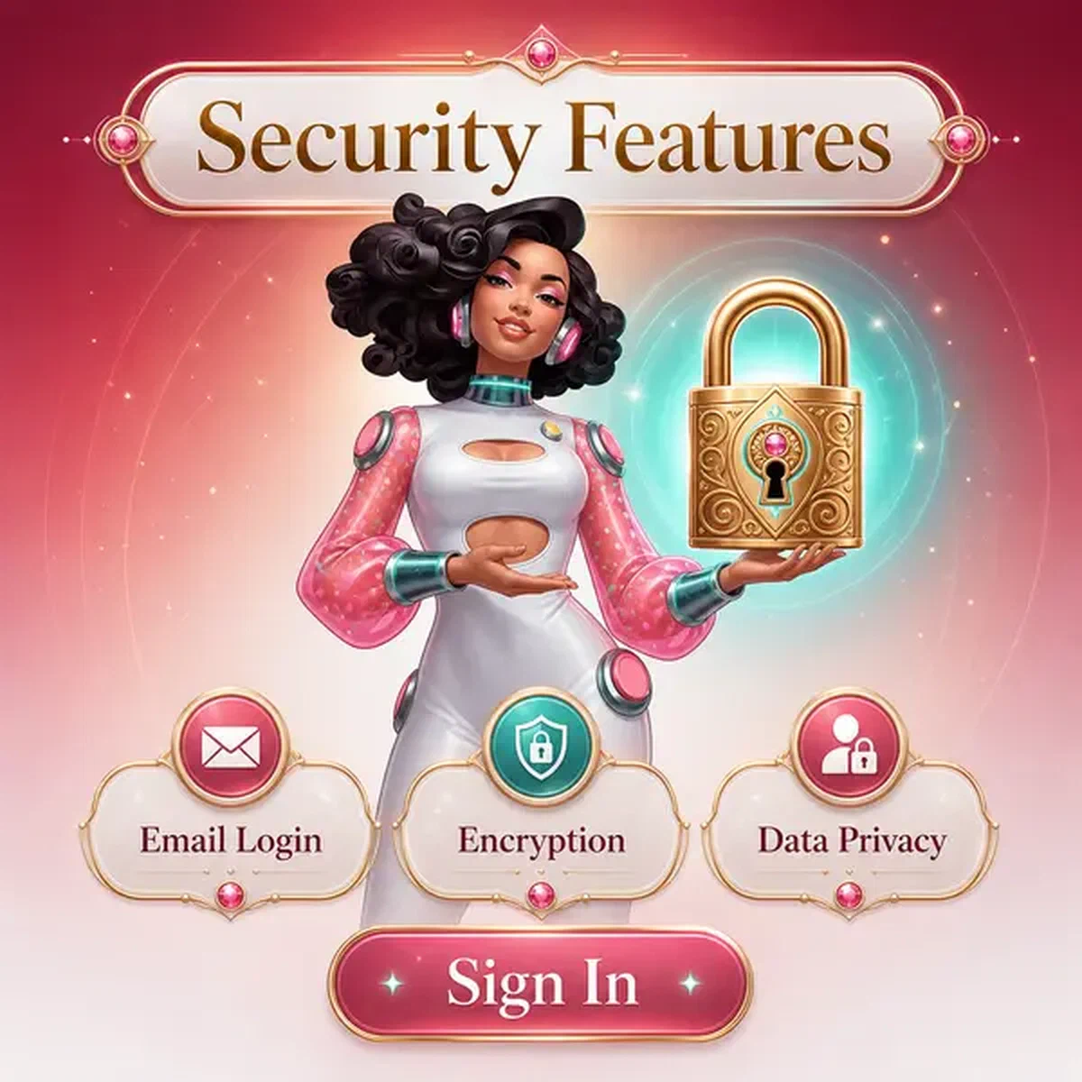 Mujer elegante presentando funciones de inicio de sesión seguro en el portal de características de seguridad y protección de inicio de sesión