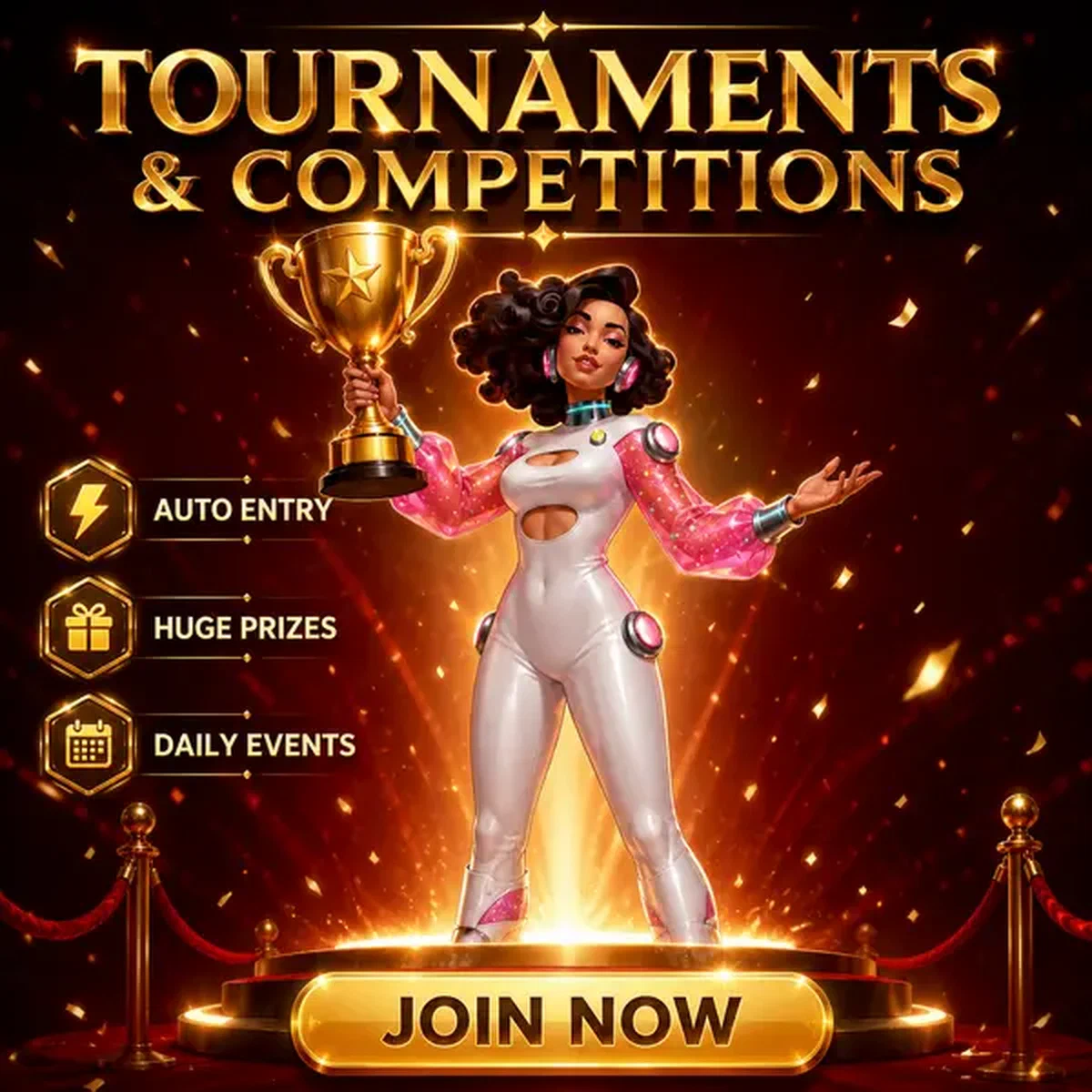 Campeón de torneo sosteniendo trofeo dorado en el podio de competiciones de Spinwinera